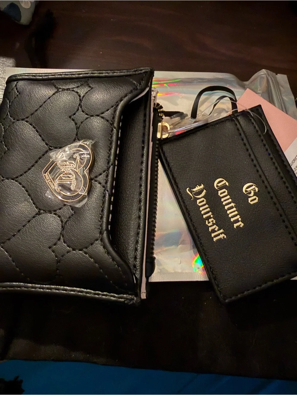 Juicy Couture Black Quilted Heart Zip Card Holder with Heart Charm